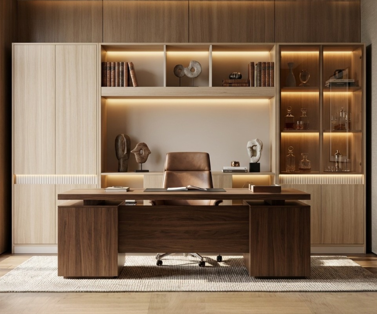 A5-132 walnut office wall with backlit display shelving