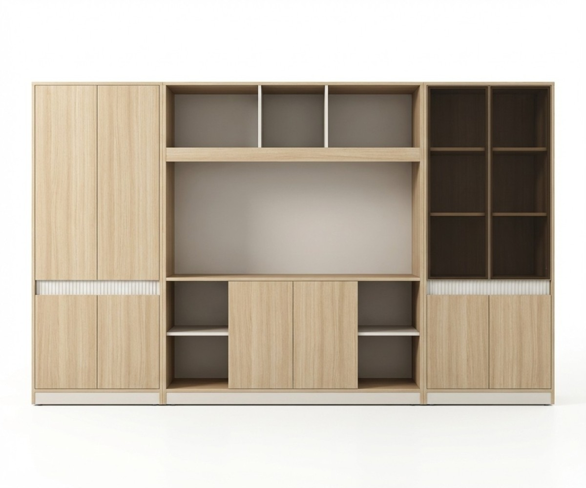 A5-132 walnut office wall with backlit display shelving