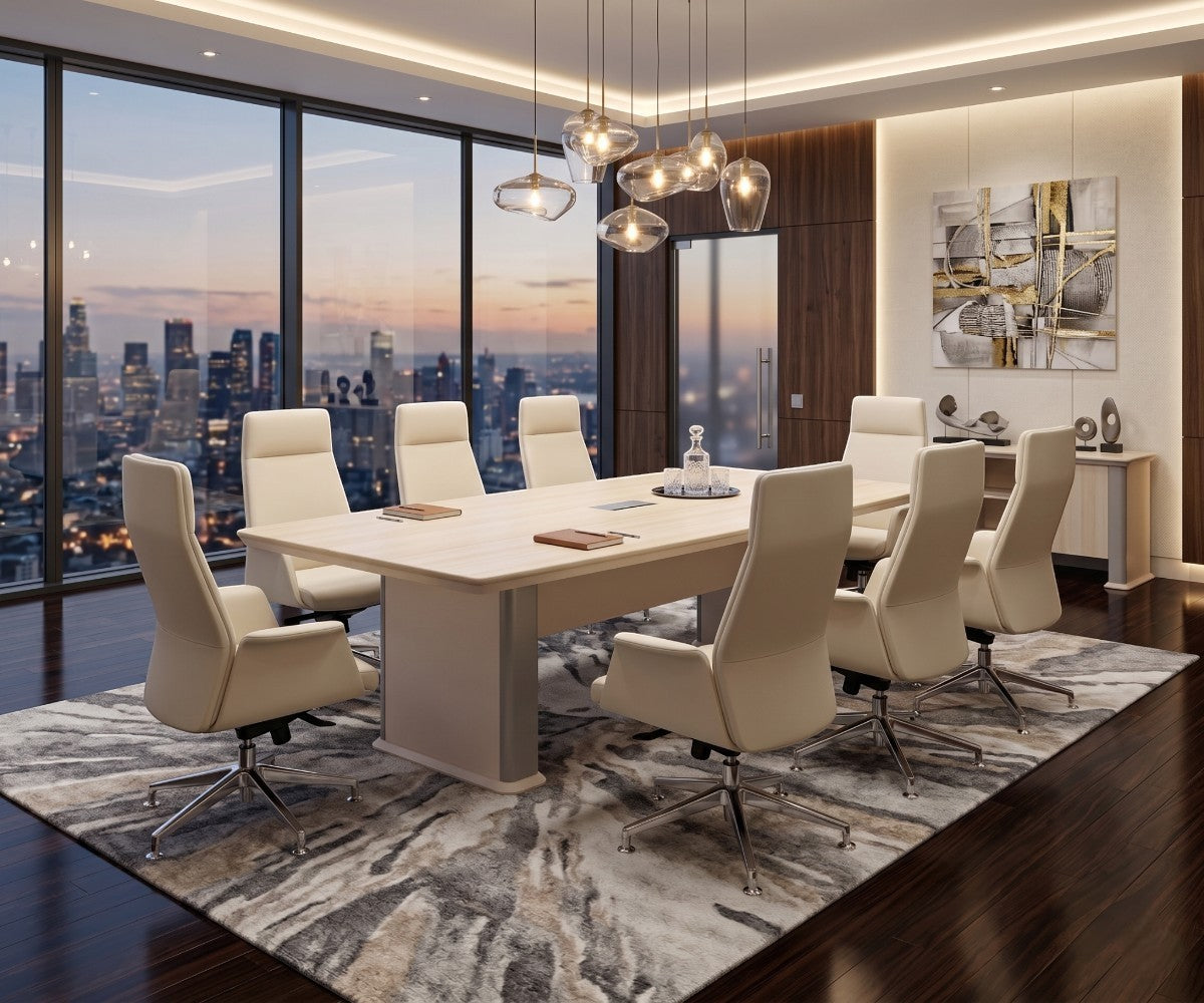 A5-524,528 alabaster meeting table with ten chairs in a city-view boardroom