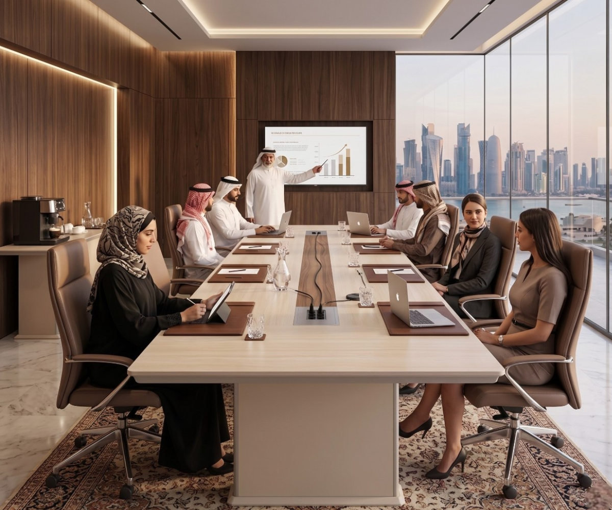 A5-542 alabaster boardroom table with people seated in a harbour-view boardroom