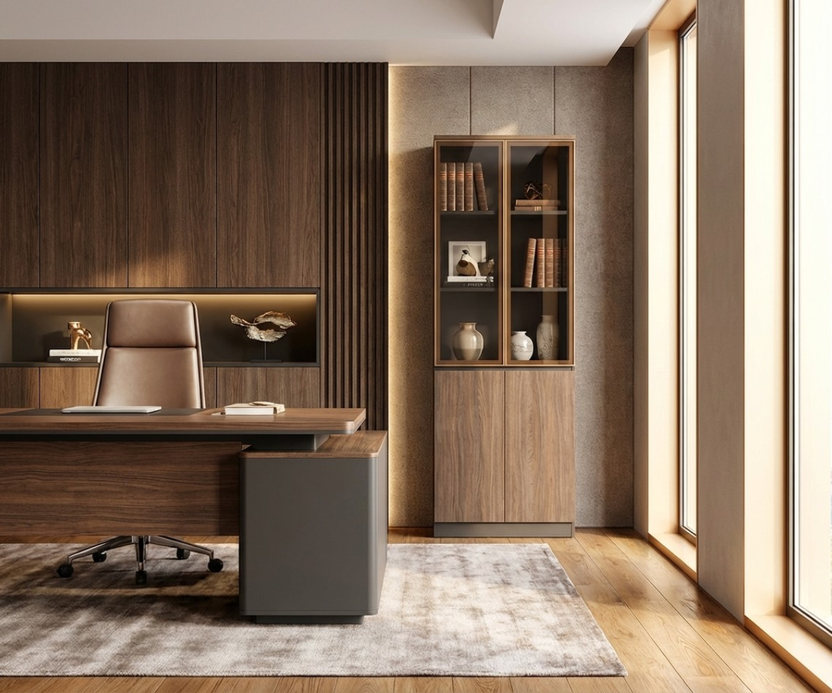 A6-108A walnut file cabinet in a slatted-wood office with a city view