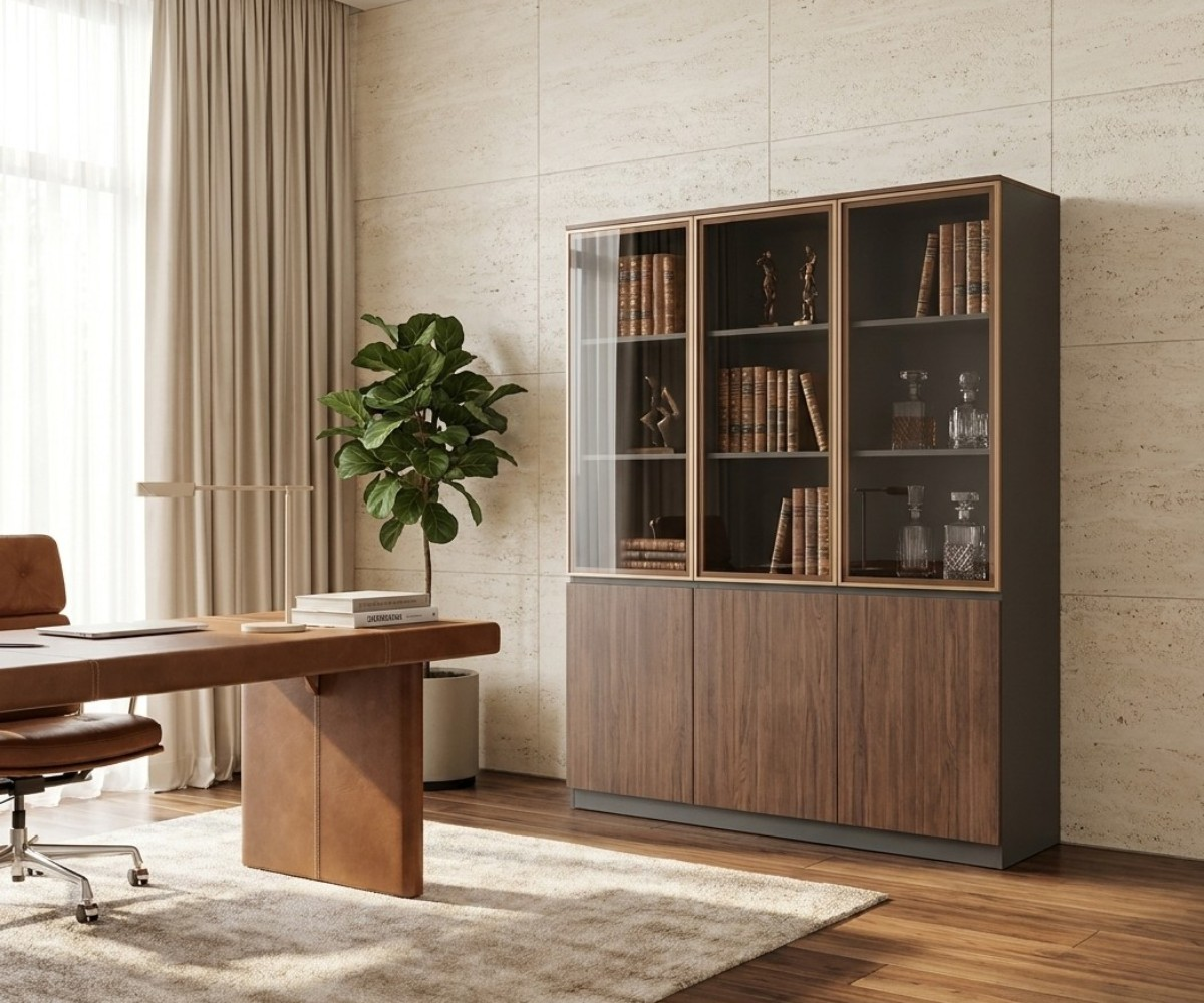 A6-112A walnut file cabinet beside a desk in a stone-walled office