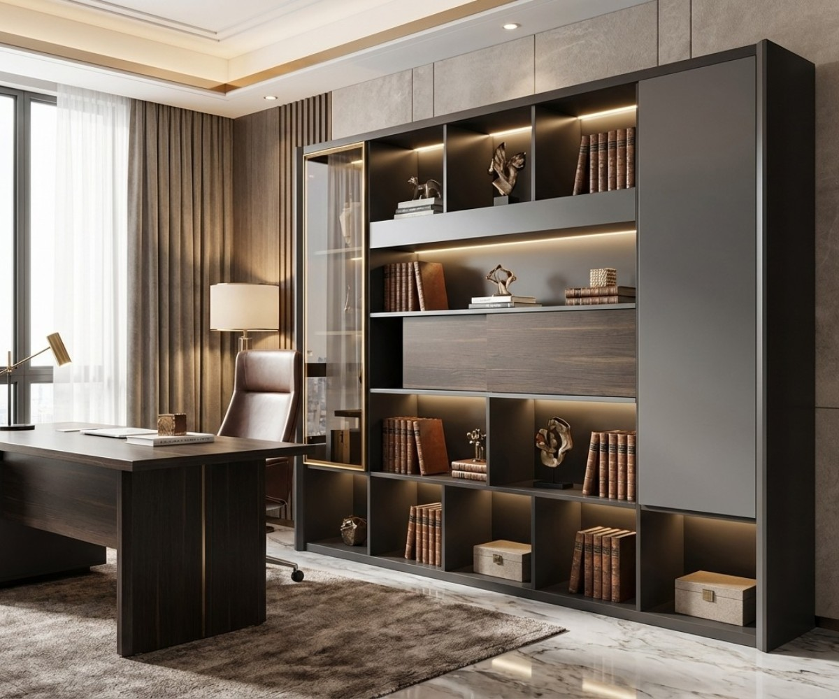 A6-124B walnut storage wall with open shelving in a marble-floored office
