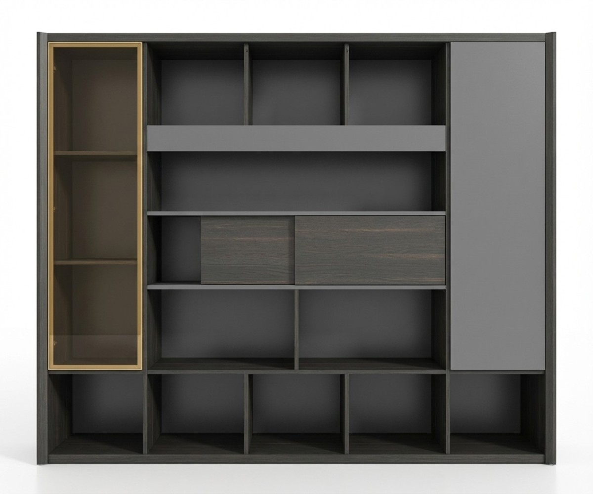 A6-124B walnut storage wall with open shelving in a marble-floored office