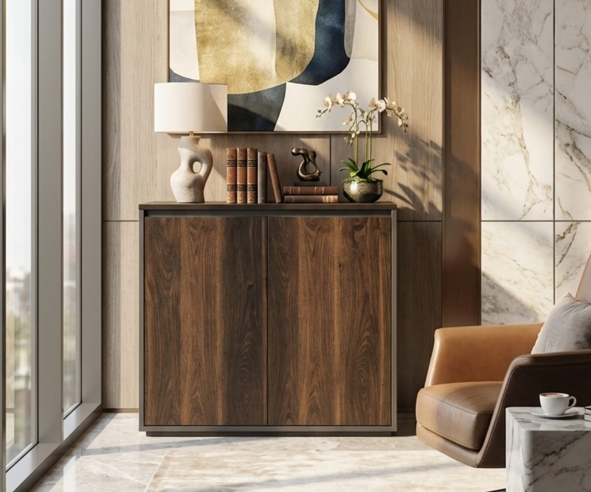 A6-308D dark walnut credenza beside a marble wall and armchair