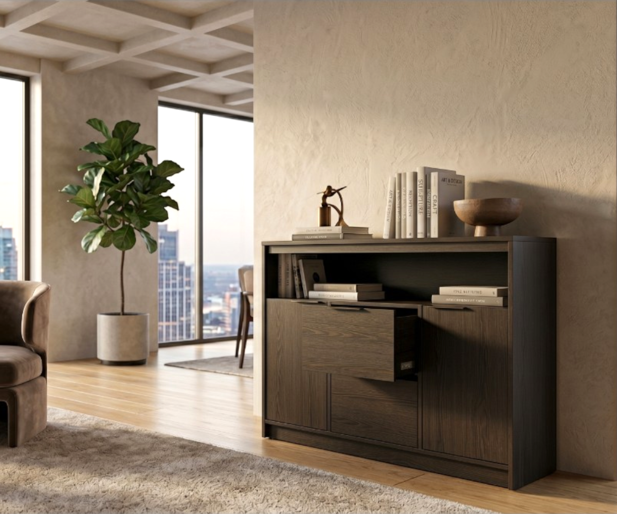A6-312D dark walnut credenza with open shelving in a bright office