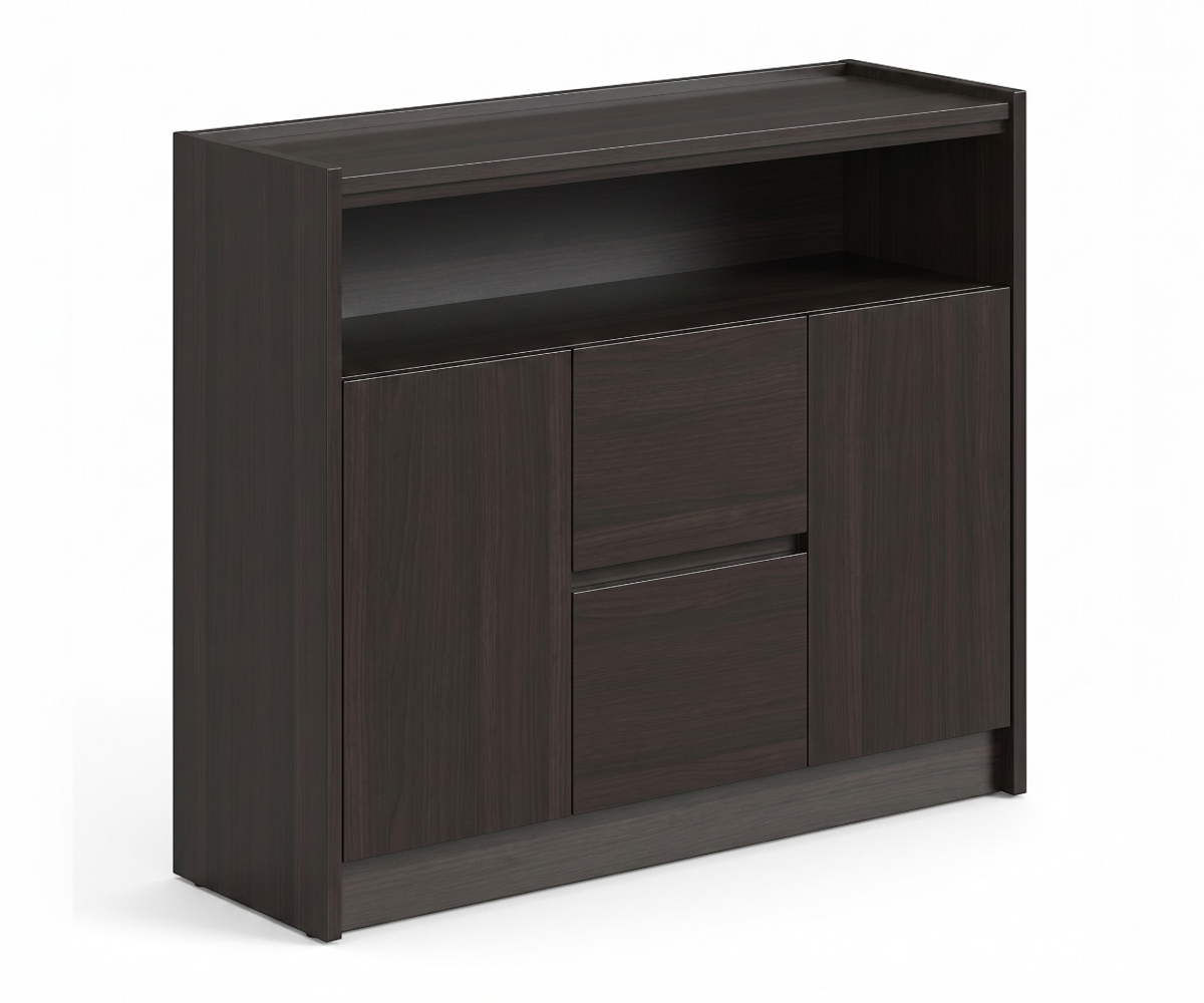 A6-312D dark walnut credenza with open shelving in a bright office
