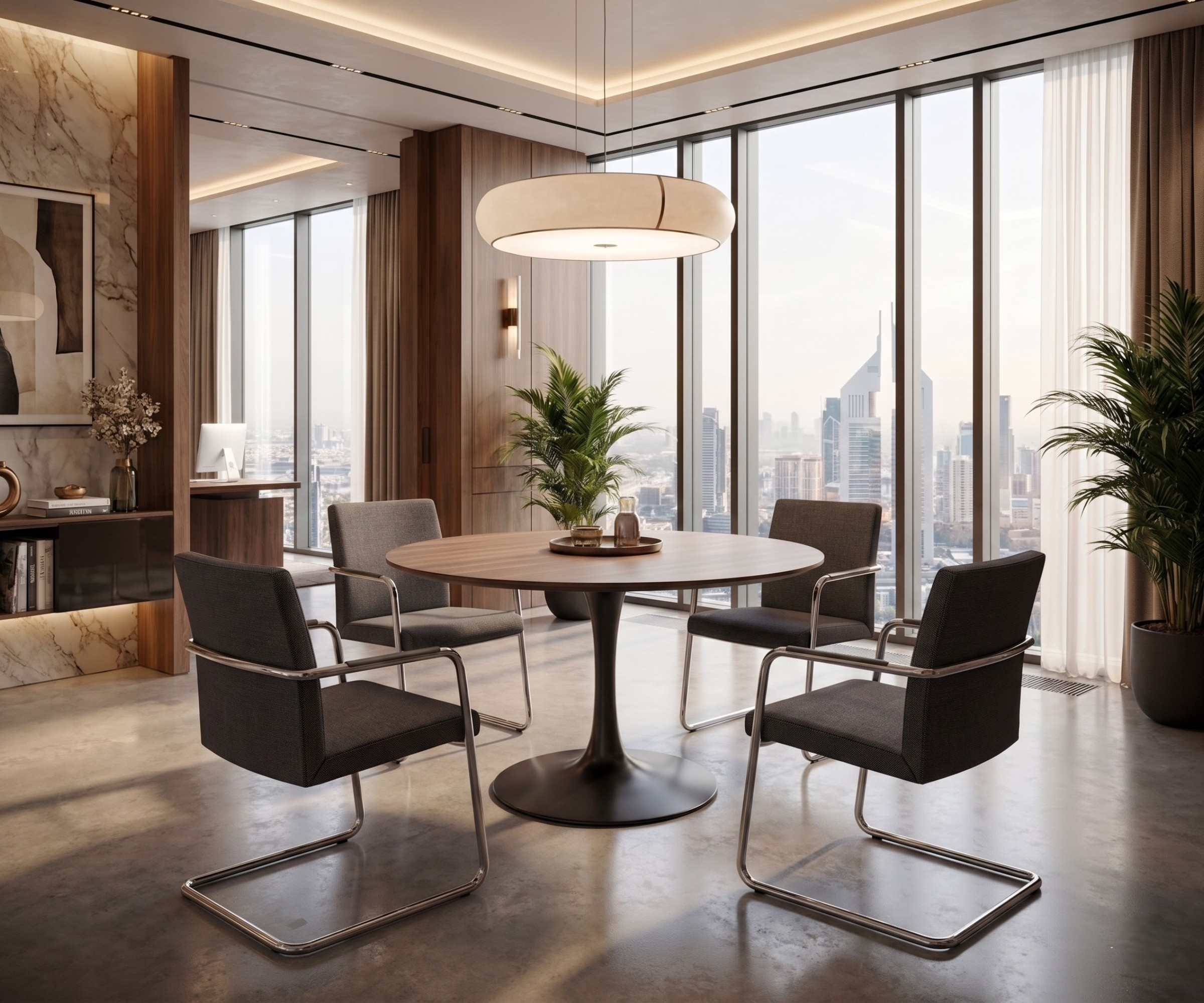 A6-510 walnut round table with four chairs in a marble-walled meeting area