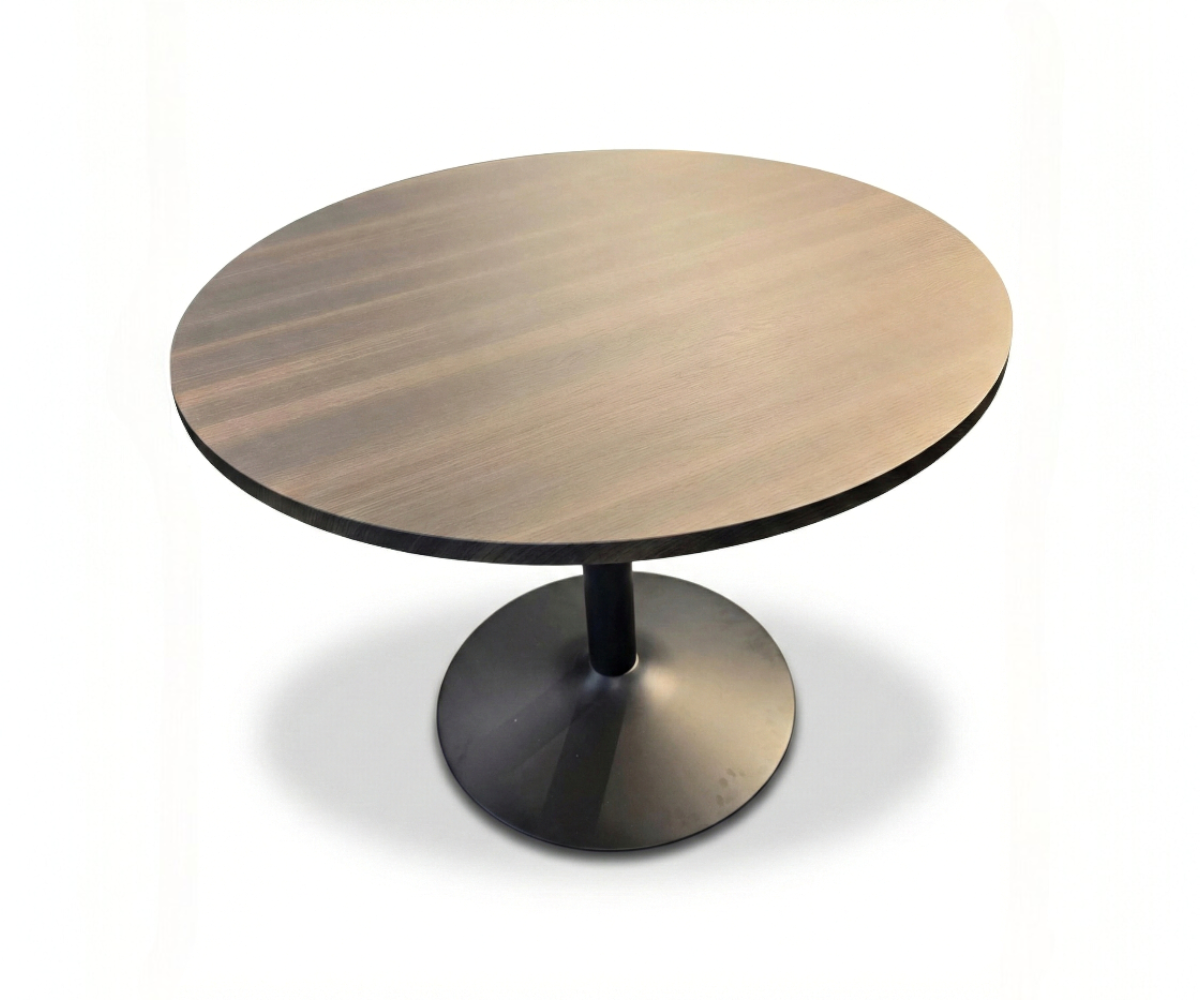 A6-510 walnut round table with four chairs in a marble-walled meeting area