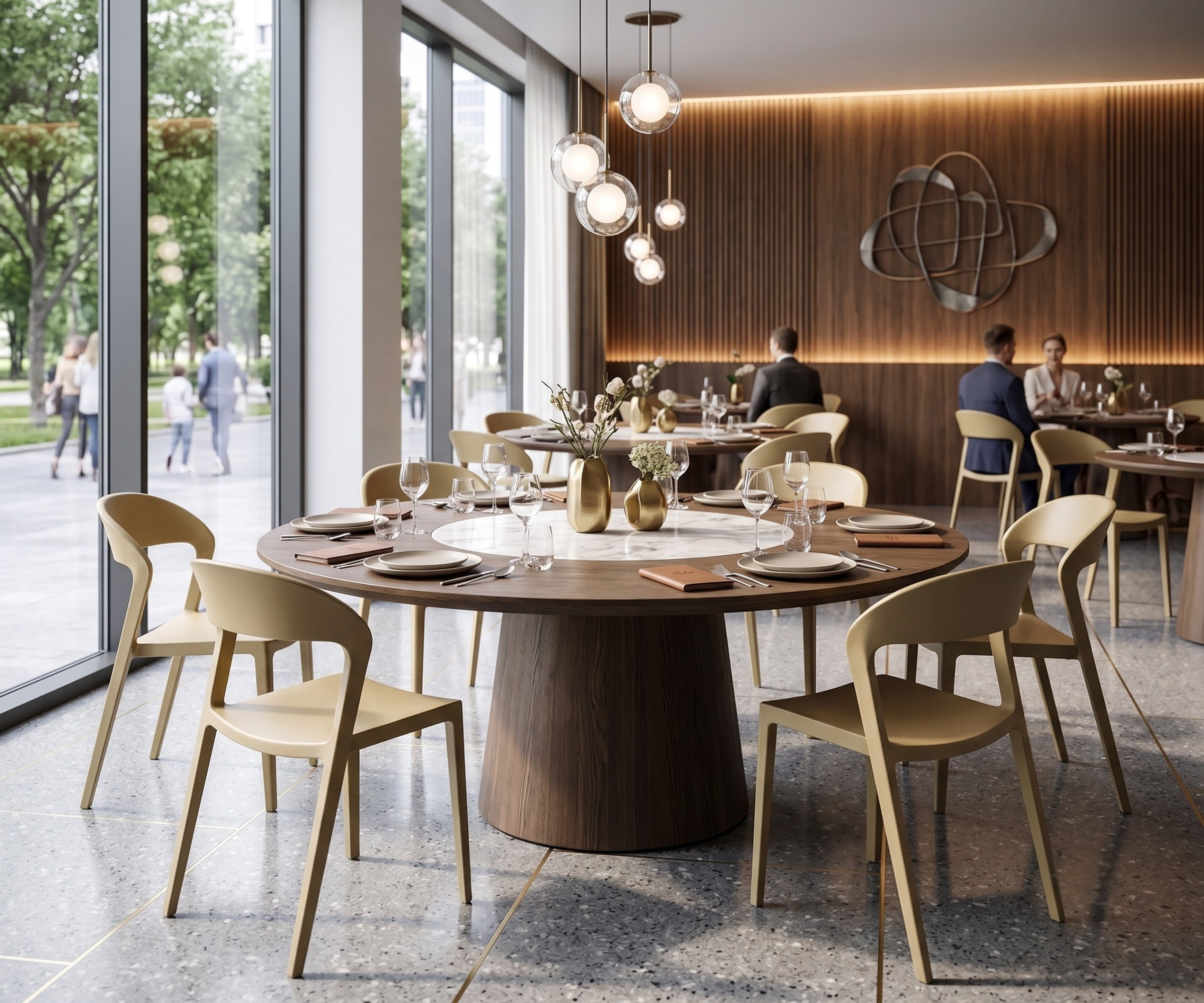 A605-CAMEL plastic chair around a round table in a restaurant dining room