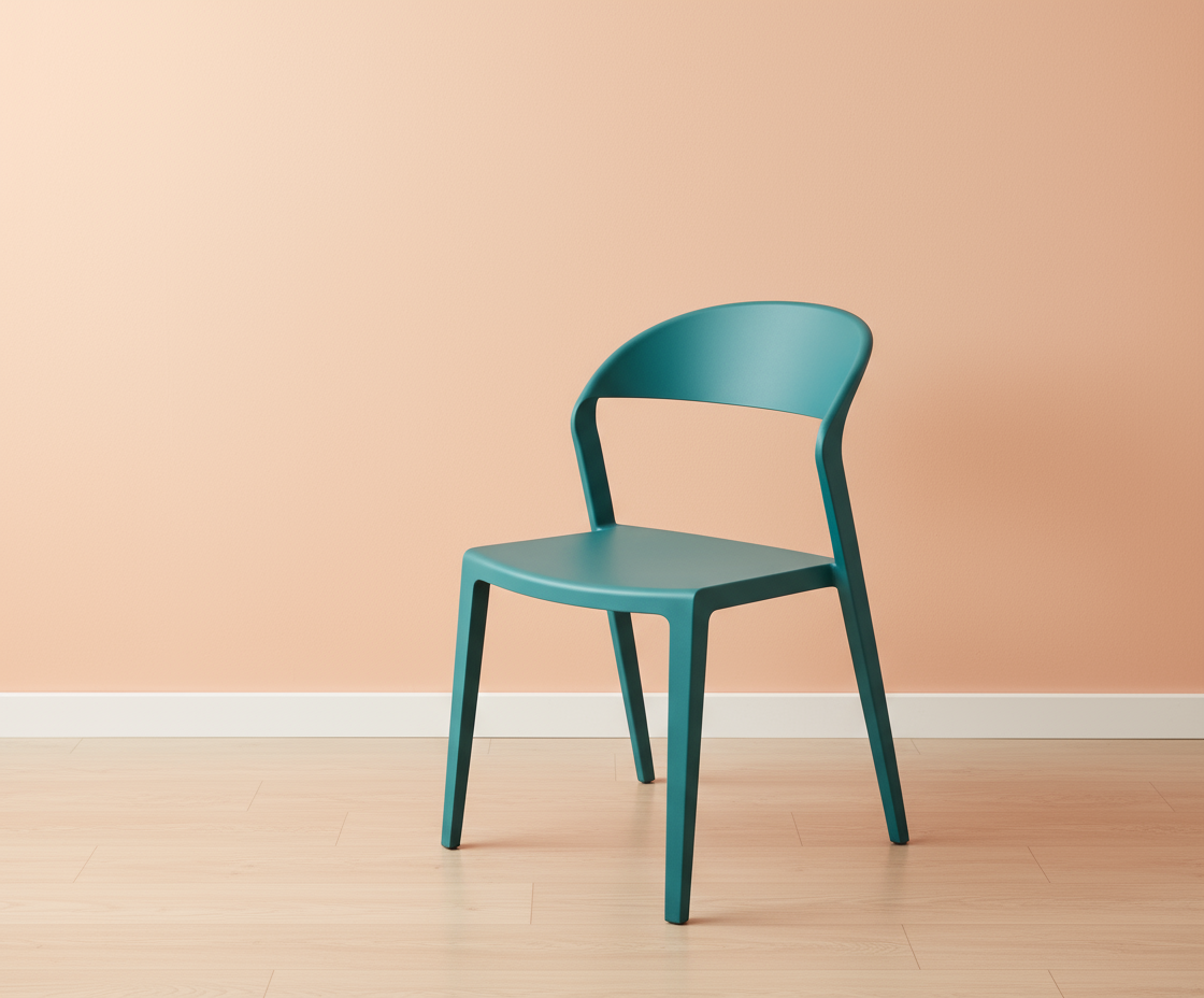 A605 modern architect side chair in teal, front view against a peach wall