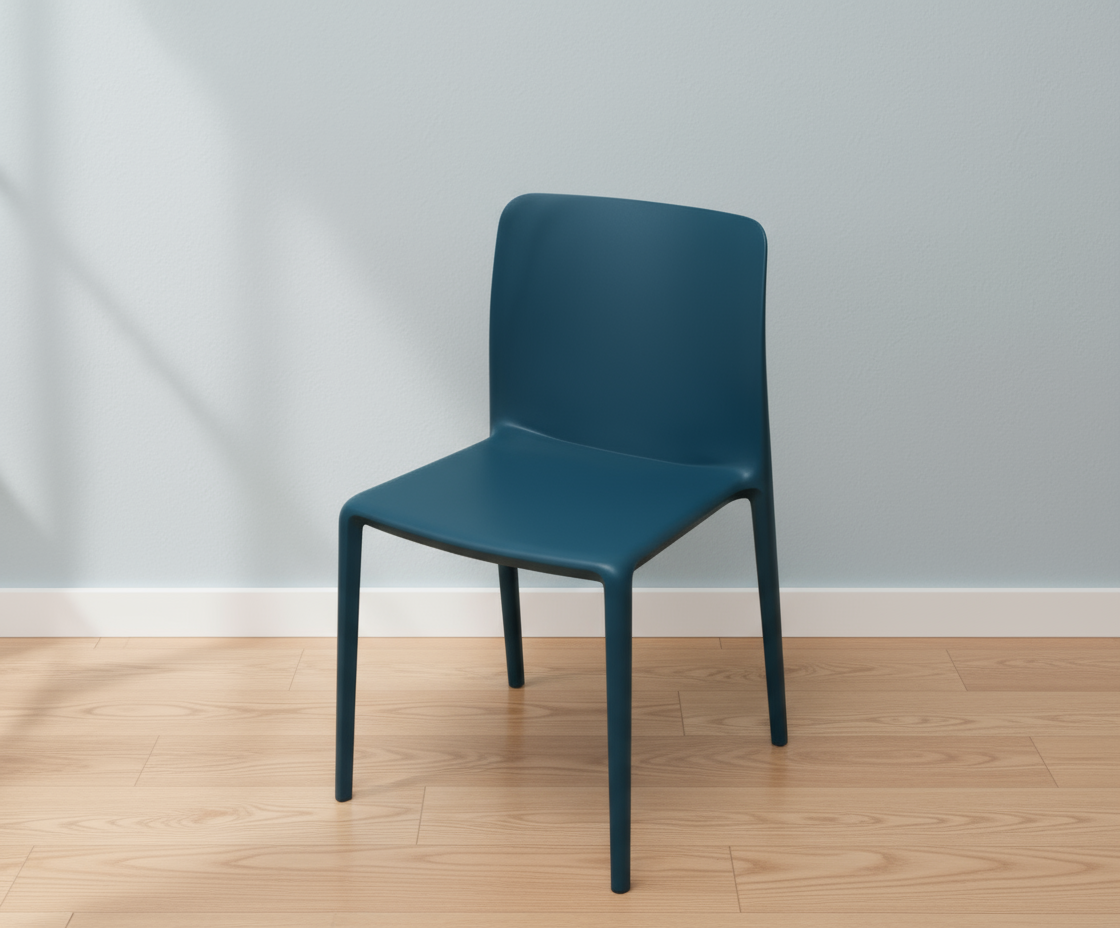 A650 ocean blue minimalist designer chair, angled view against a pale wall