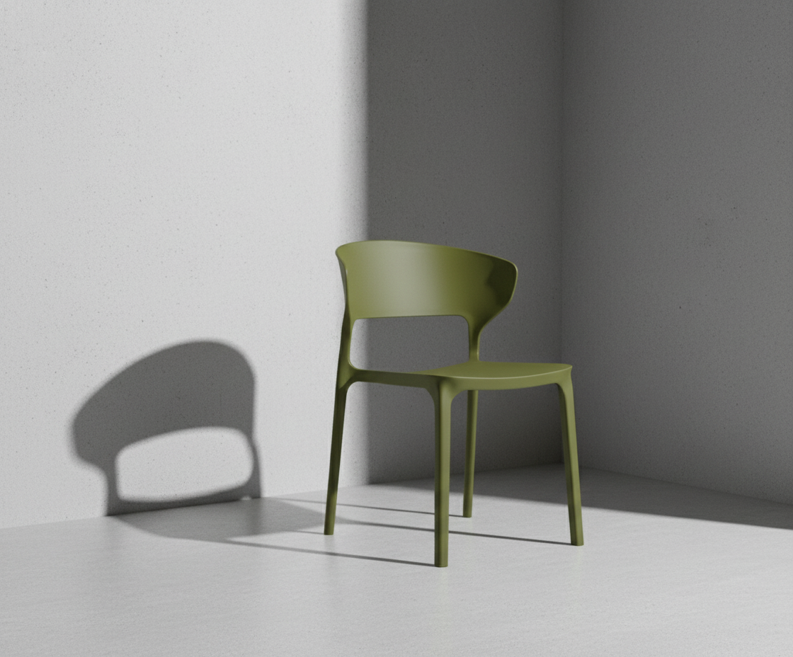 A669 green minimalist designer chair, angled view in raking light
