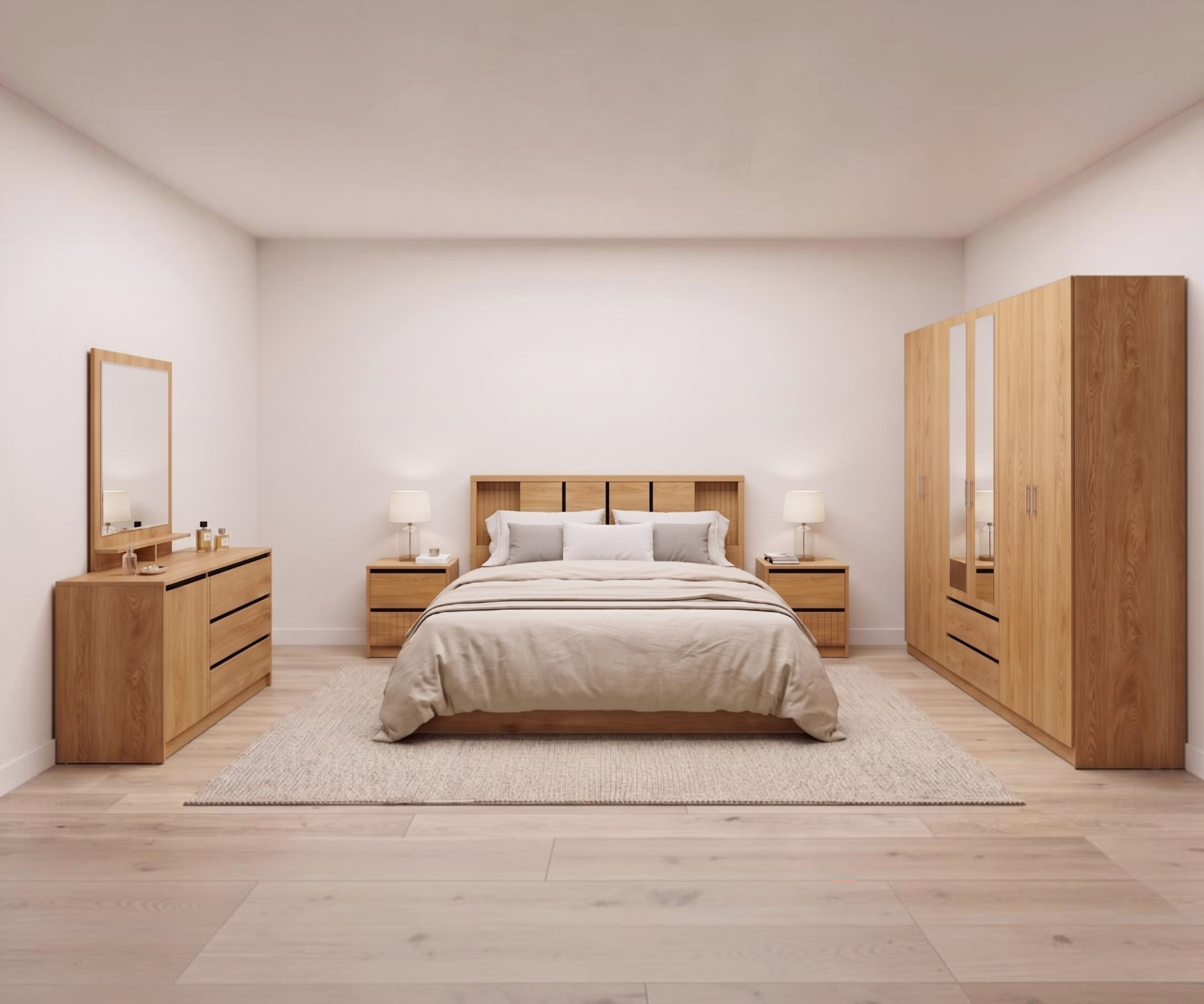 AB-100 classic bedroom set staged in a bright room with oak flooring