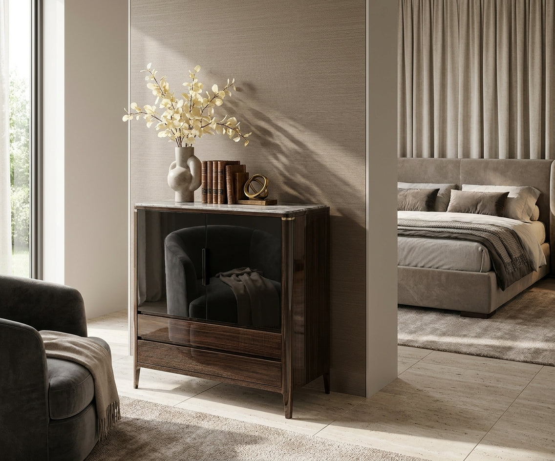 #AC-308 dark wood cabinet beside a mirror in a warm bedroom