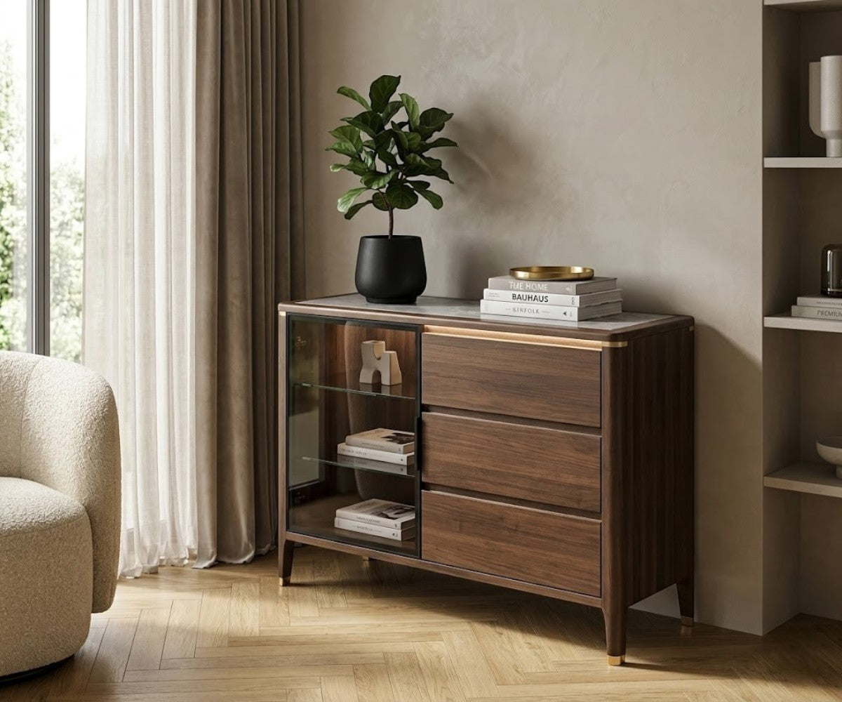 #AC-310 wood storage cabinet with open shelving in a bright bedroom