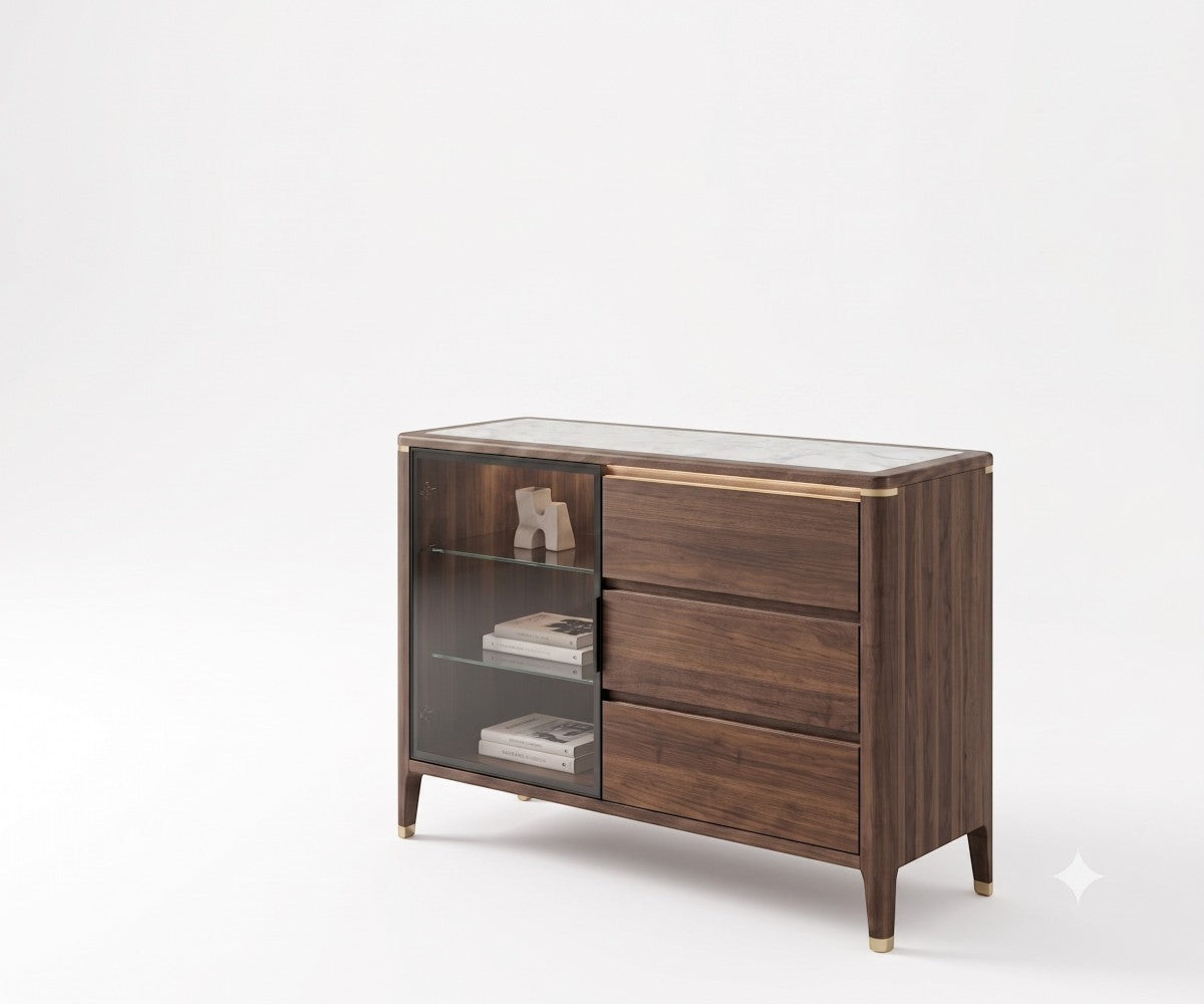 #AC-310 wood storage cabinet with open shelving in a bright bedroom