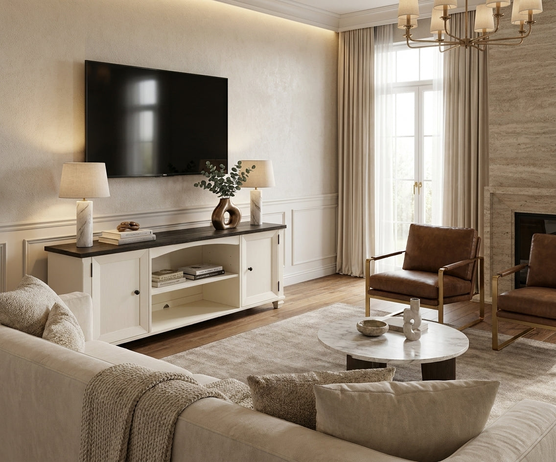 ac4242cmc classic TV console beneath a wall-mounted TV in a bright room