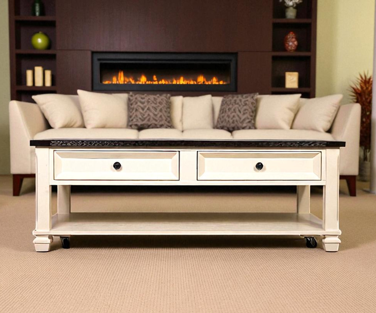 AC4242CT MTN Home coffee table on casters, in a living room by a fireplace