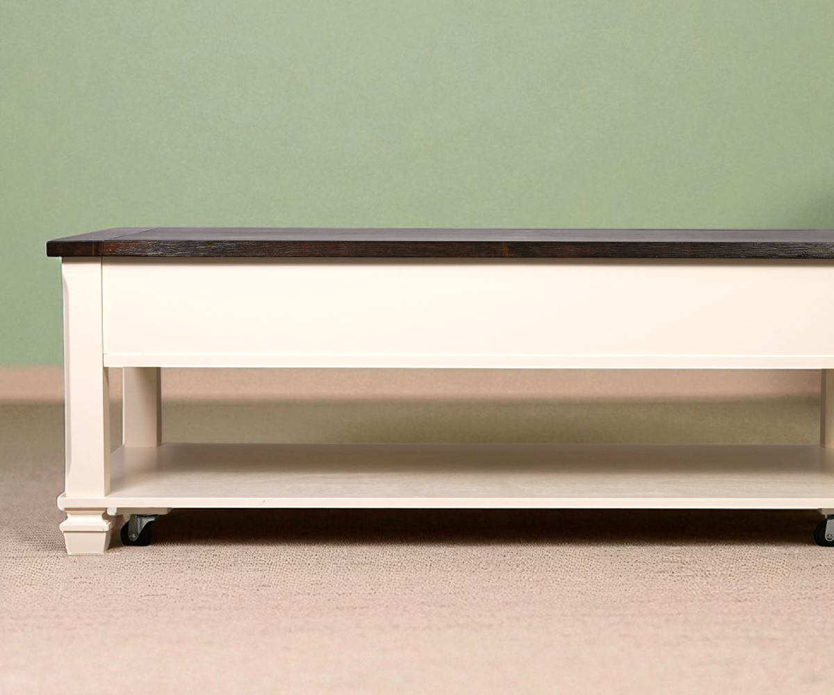 AC4242CT MTN Home coffee table on casters, in a living room by a fireplace