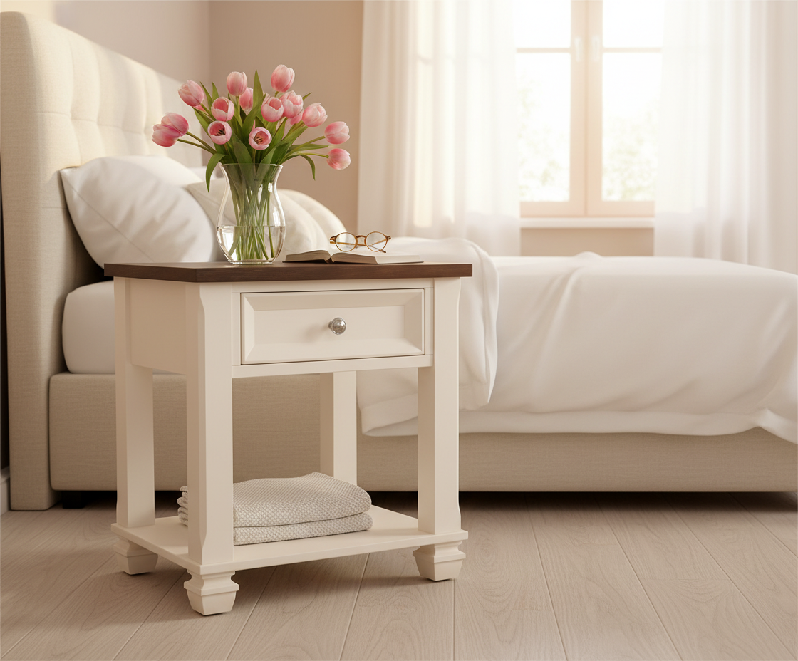AC4242ET MTN Home end table beside a bed with tulips and a linen throw