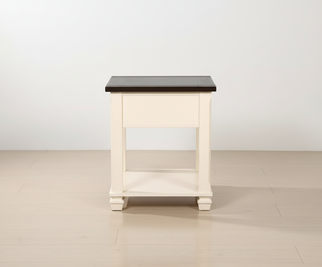 AC4242ET MTN Home end table beside a bed with tulips and a linen throw