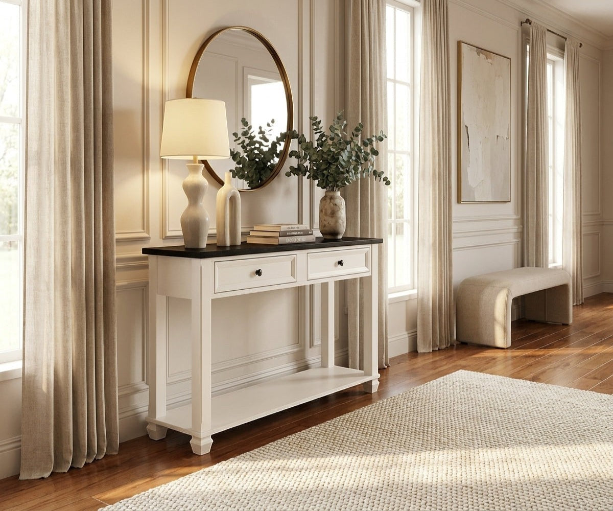 AC4242SCT classic wood console beneath a mirror in a bright hallway