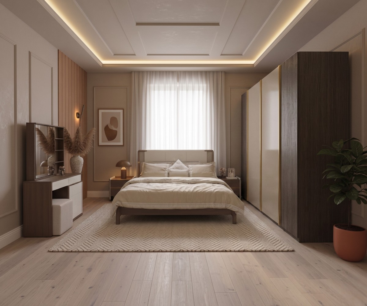 AD301 luxury master bedroom set staged in a warm cove-lit room