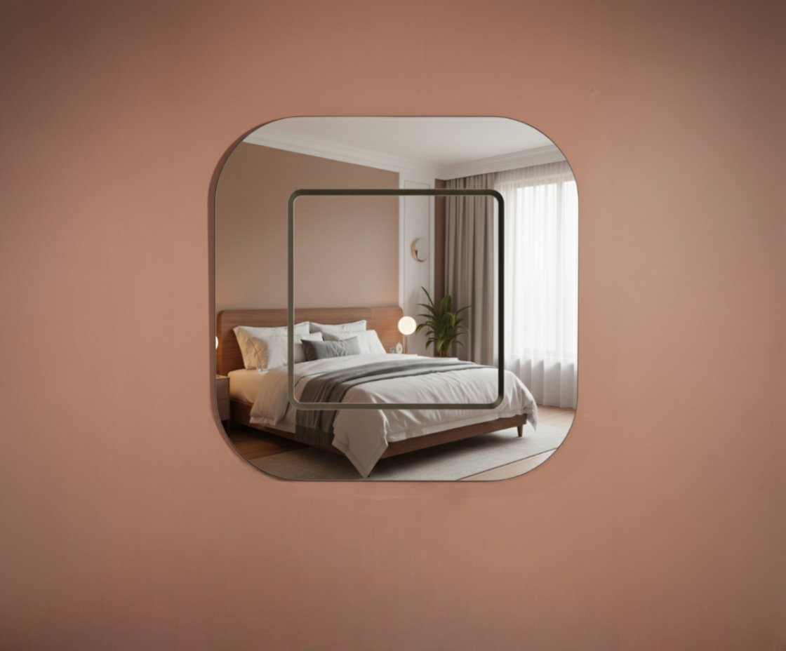 Agnek gold wall mirror, front view of its rounded square frame