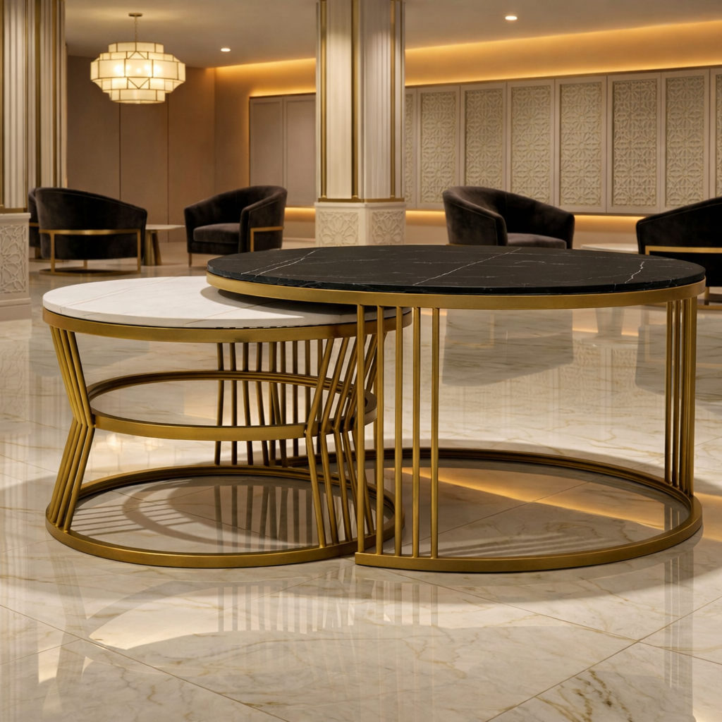 AH-598 Eclipse round nesting set in a lit marble-floored lobby