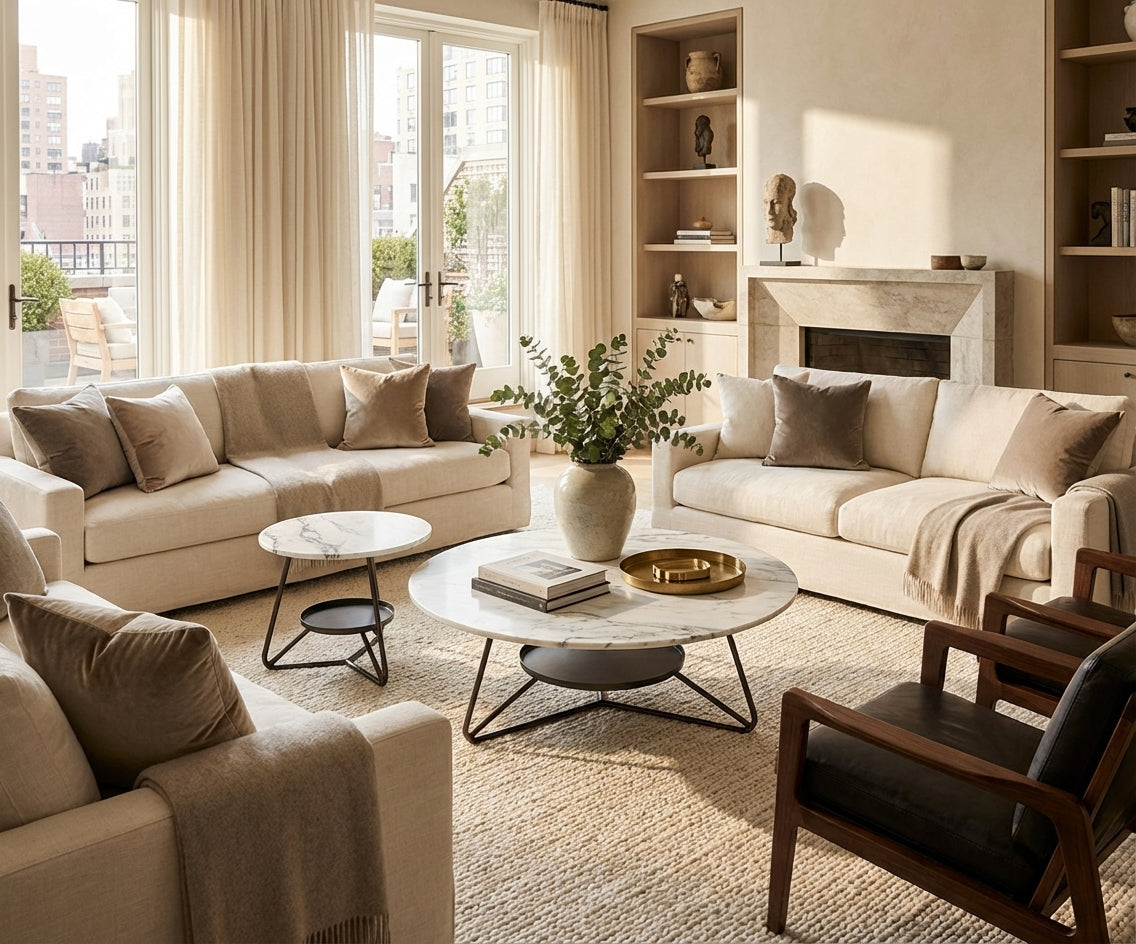 AH-777 round marble table in a bright city-view living room