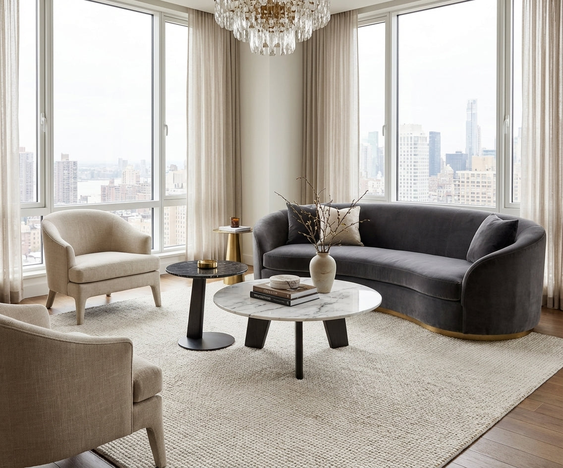 AH-849 round nesting set in a chandelier-lit city-view living room