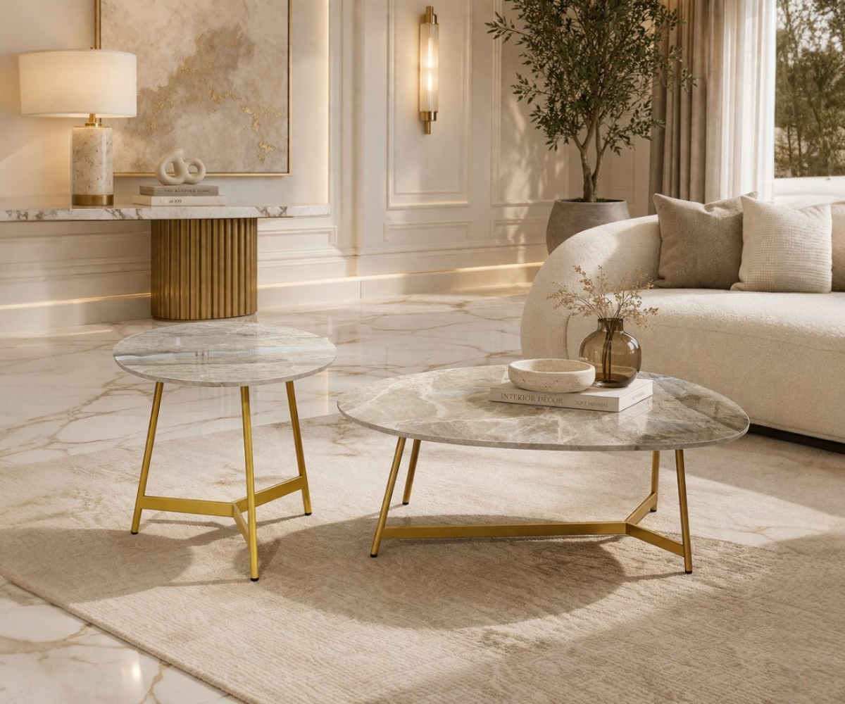 AH-C333 gold marble nesting set in a bright panelled living room