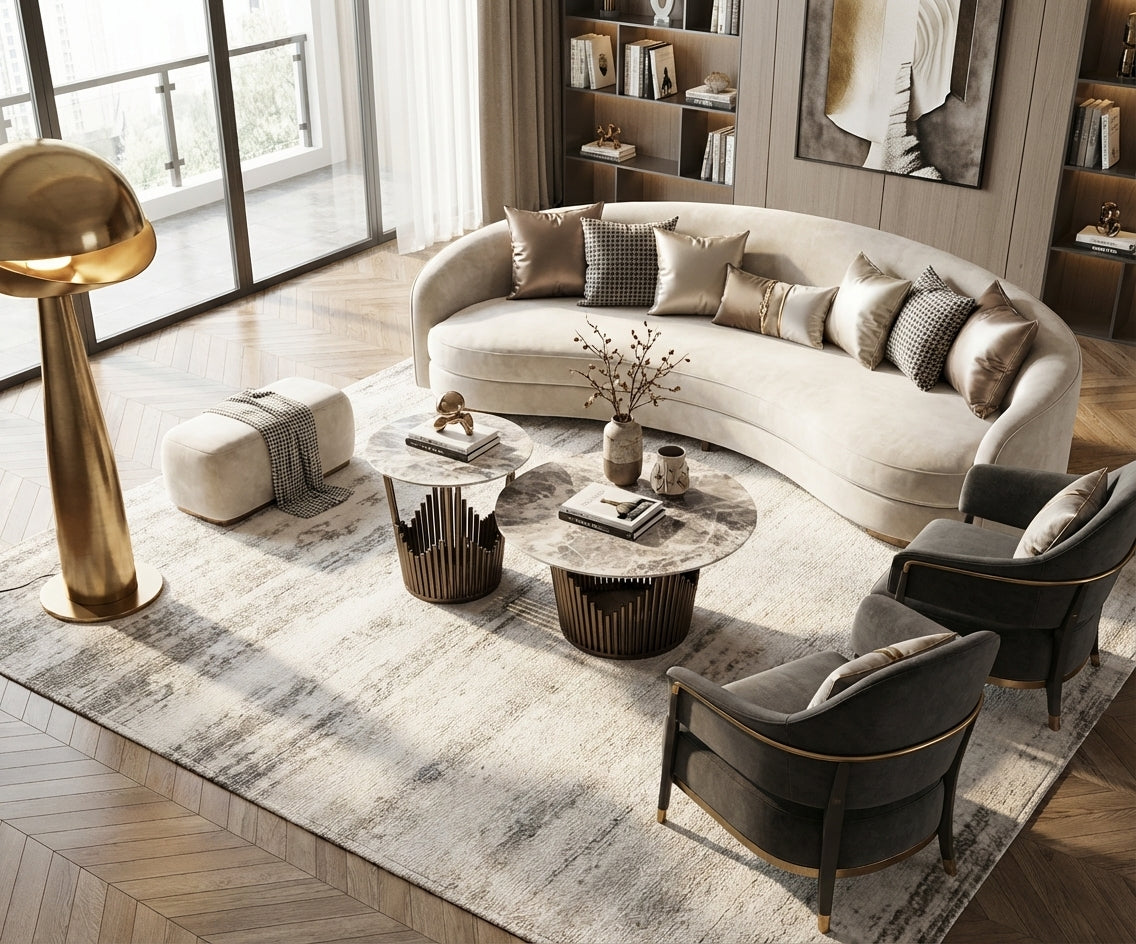 AH2499 grey marble set beside a curved sofa in a bright living room