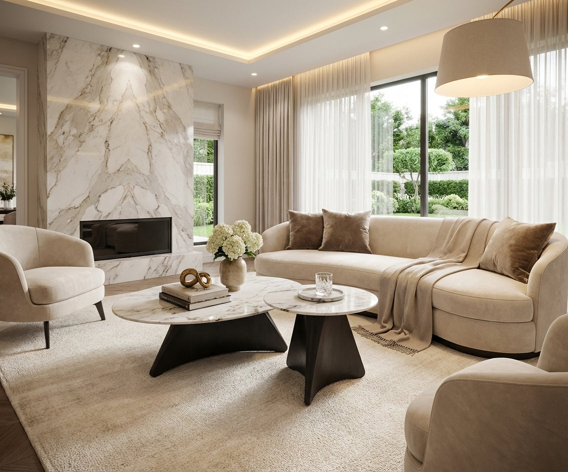 AH2501 round marble set beside a curved sofa in a marble-walled room