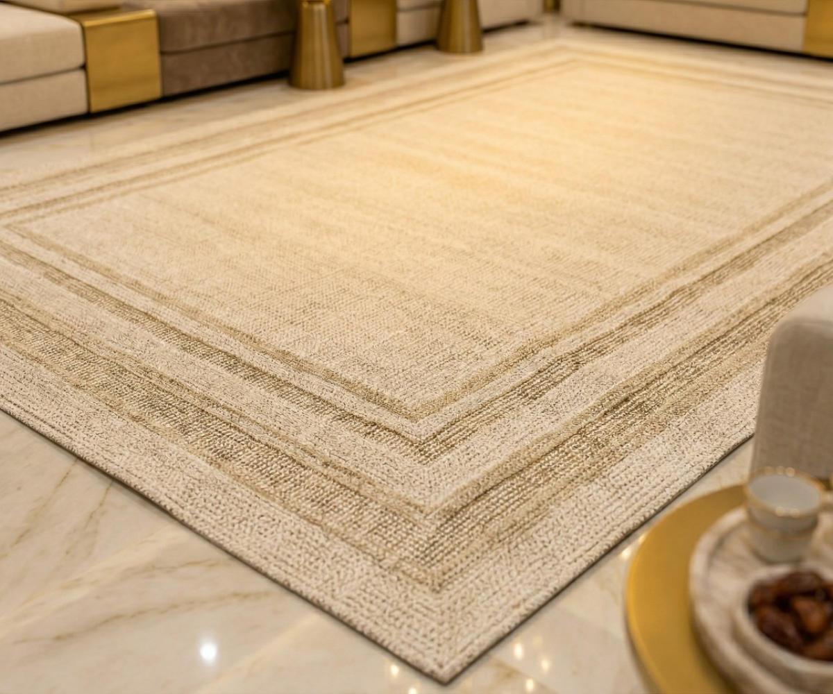 ALABASTER frame bordered rug in cream, 200x300 cm, corner detail on a marble floor
