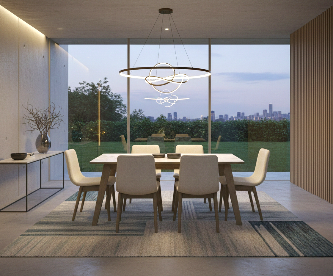 ALAN marble and oak dining set in a modern room with a ring pendant light
