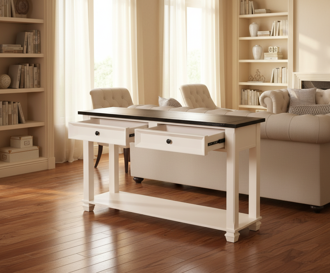 ALDRICH ivory 2-drawer console table in a bright study with bookshelves