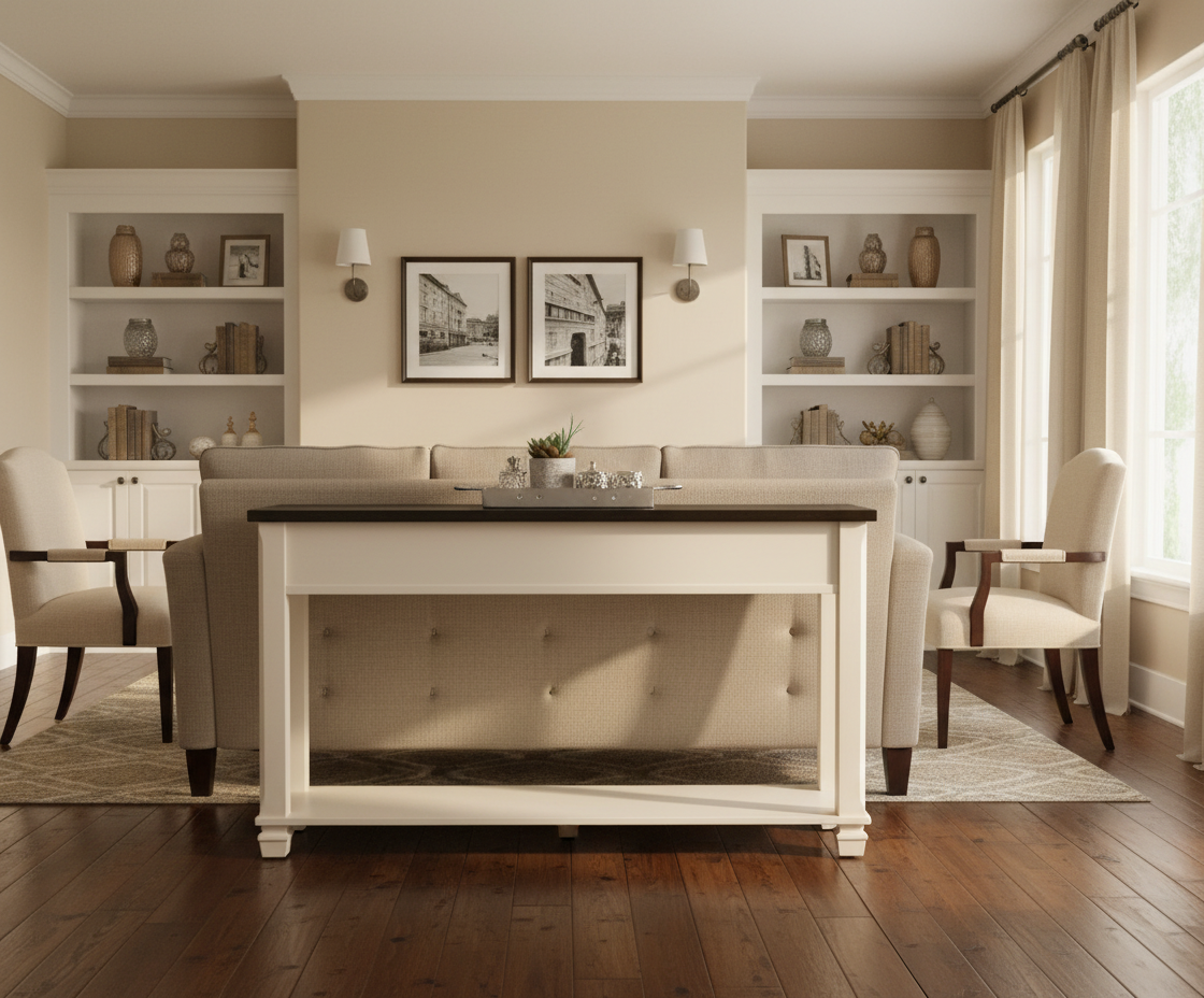 ALDRICH ivory 2-drawer console table in a bright study with bookshelves