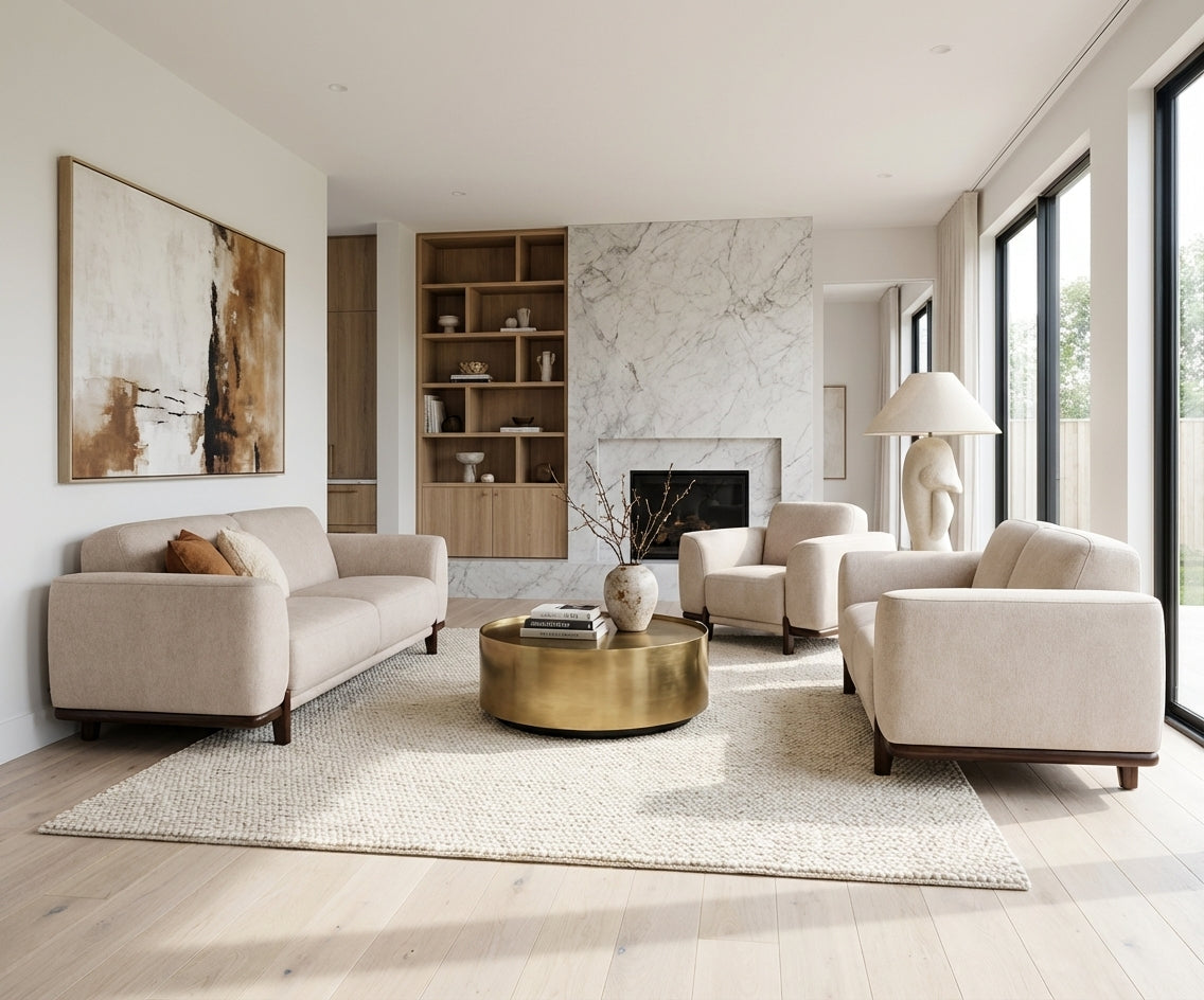 ALEX cream fabric sofa set beside a marble fireplace in a bright room