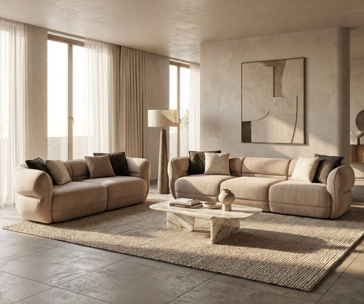 ALFA beige boucle sofa in a warm minimal living room with a low table