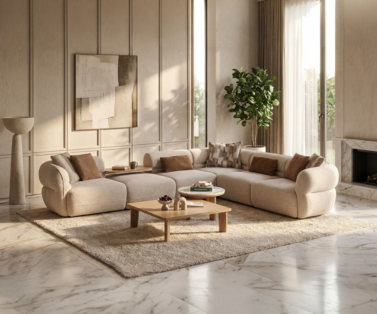 ALFA cream boucle corner sofa in a bright panelled room with a fireplace