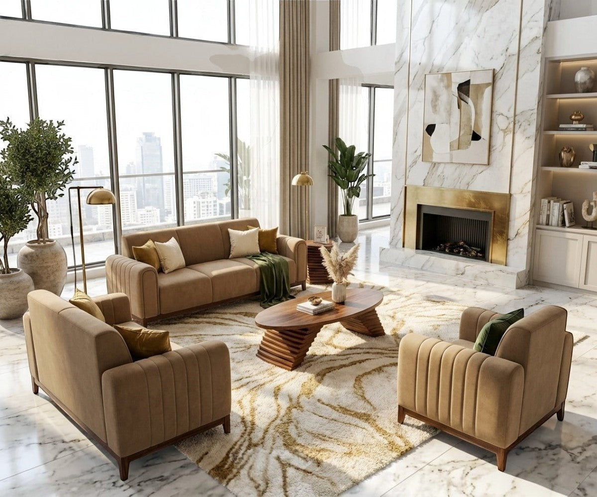 AMALA beige velvet sofa set beside a fireplace in a city-view living room