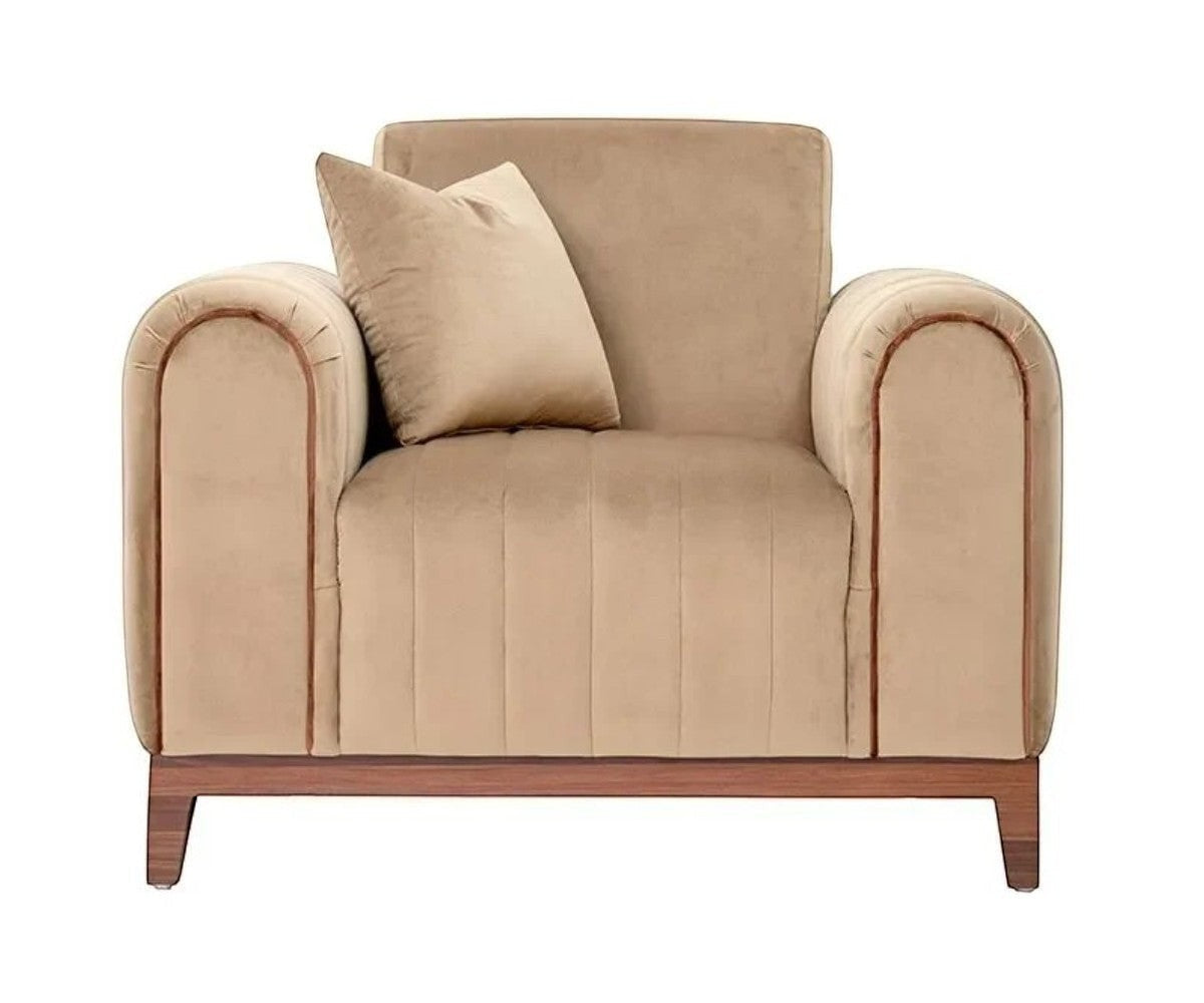 AMALA beige velvet sofa set beside a fireplace in a city-view living room
