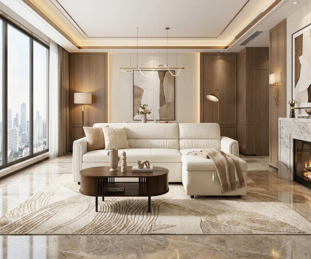Amaze corner sofa bed in a bright city-view living room with a marble fireplace