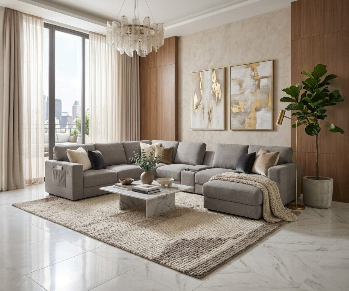 AMELIA grey modular sectional in a bright city-view living room