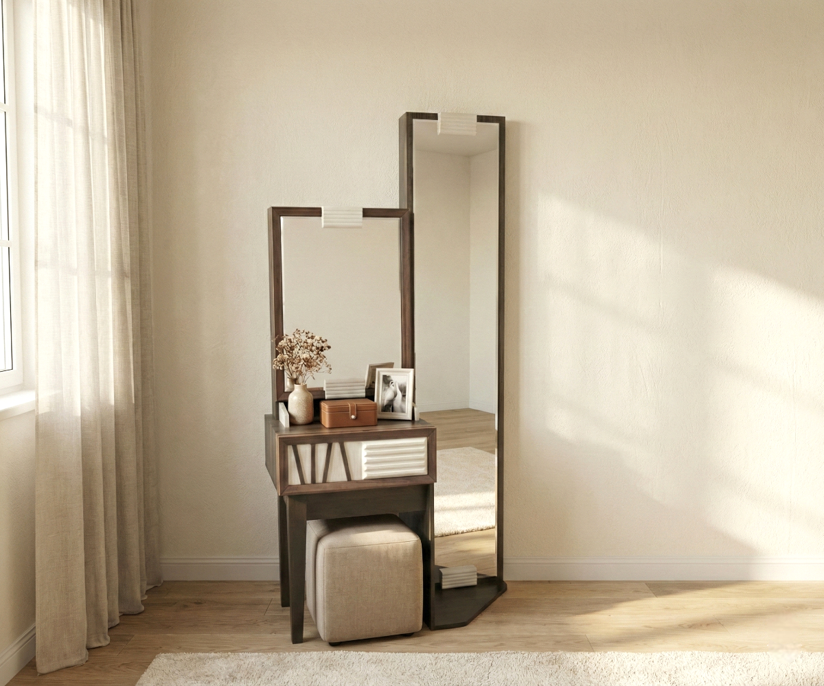 Andriana dual mirror vanity in a sunlit cream room with a boucle stool