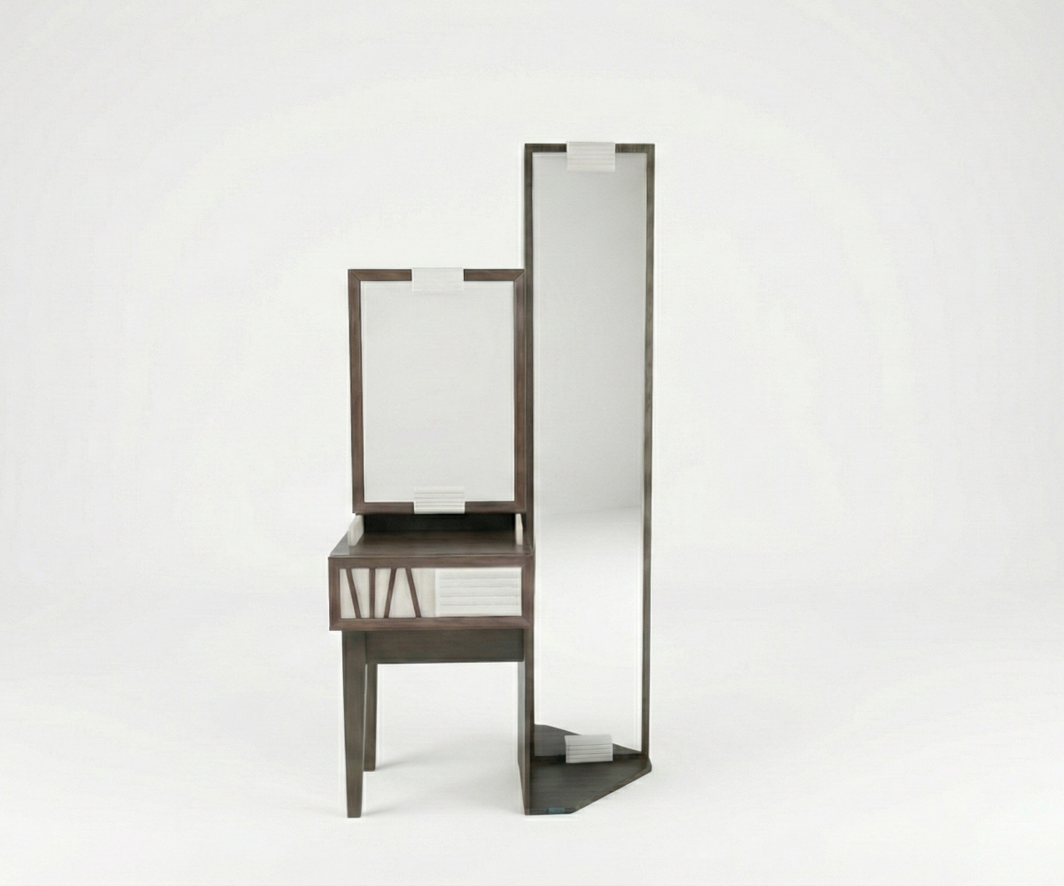 Andriana dual mirror vanity in a sunlit cream room with a boucle stool