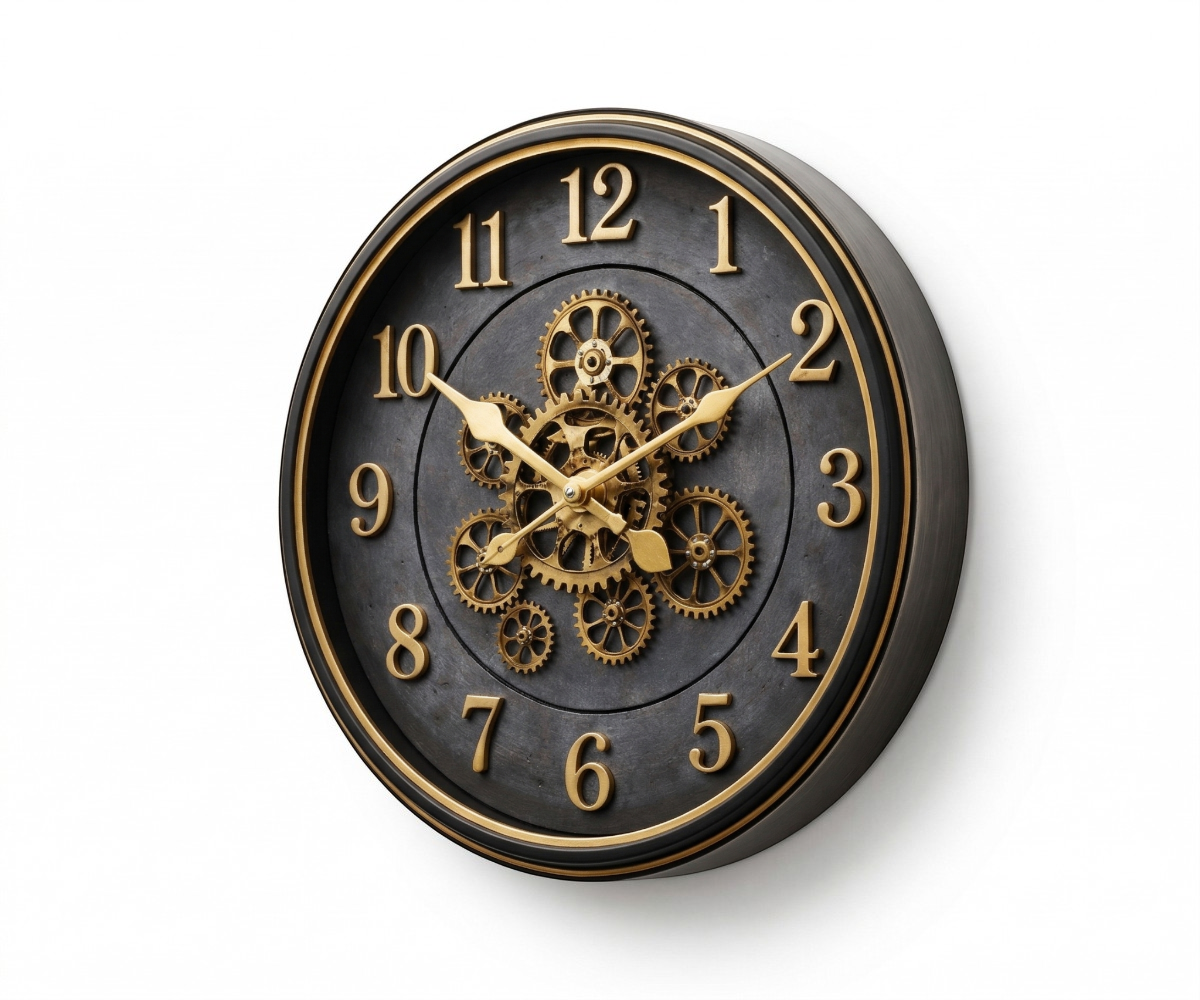 Antique gold mechanical wall clock with exposed brass gears on a dark dial