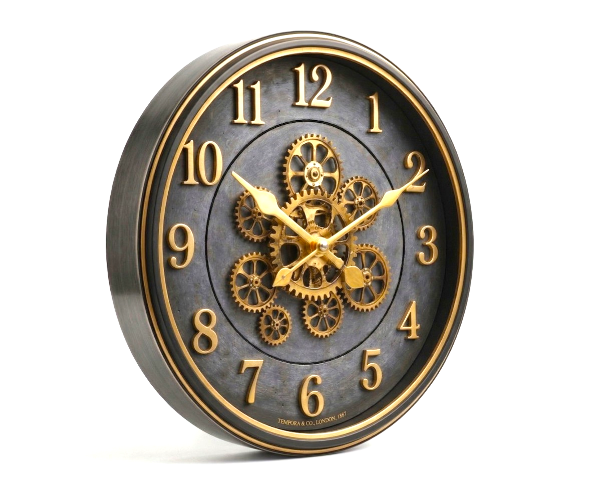 Antique gold mechanical wall clock with exposed brass gears on a dark dial
